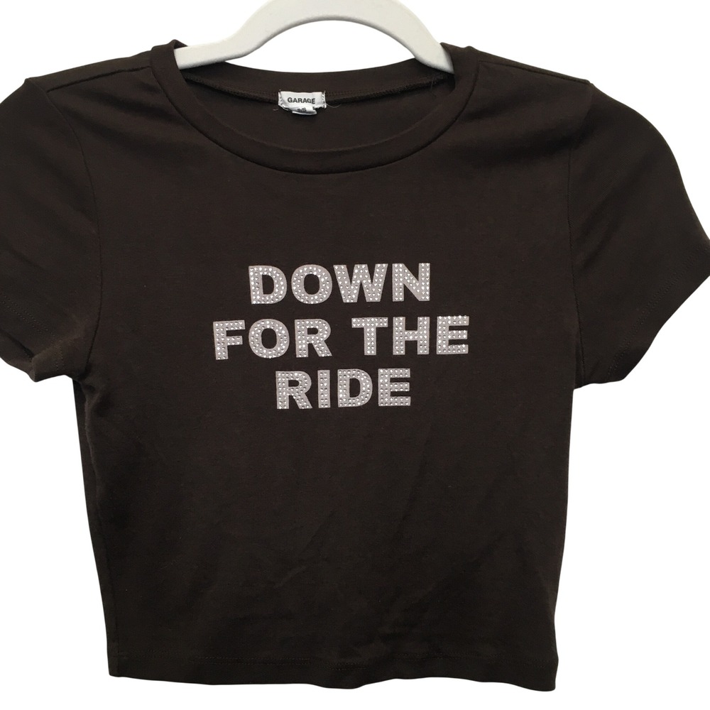 Garage Rhinestone Graphic Cropped Top Small Brown Y2K Streetwear Baby Tee Grunge